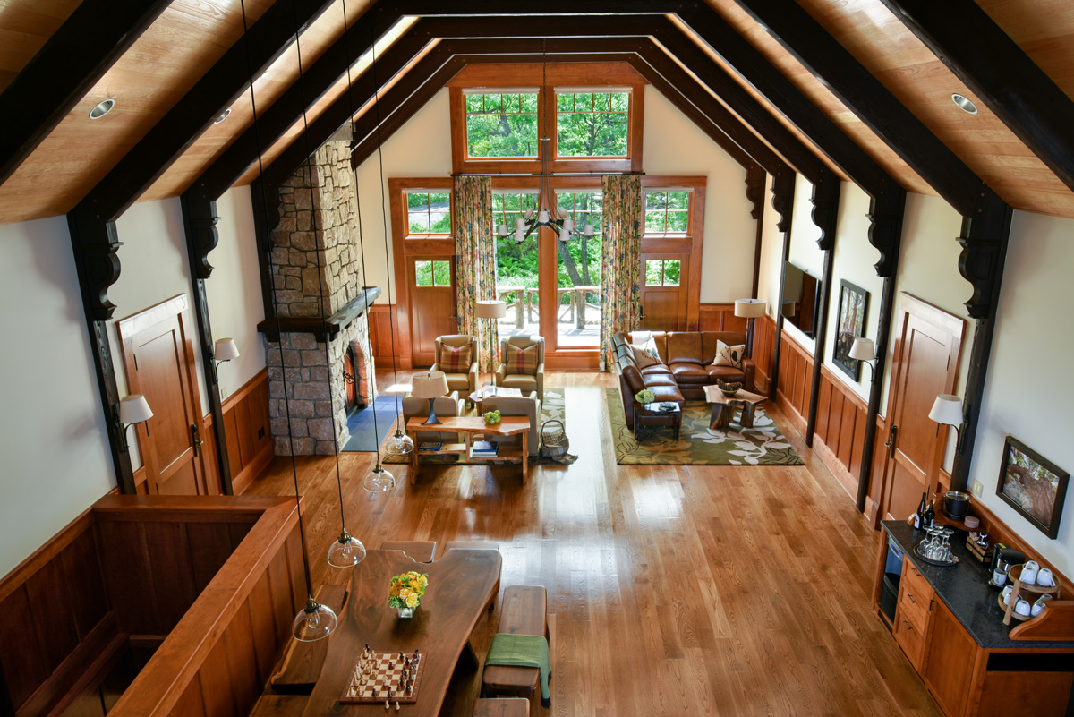 Reclaimed Douglas fir timbers with a Shou Sugi Ban finish and additional stains off-set the t&g ceiling at the Mohonk Mountain House. Photo: Ken Hayden Photography.